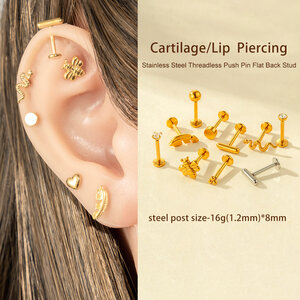 1 pezzo semplice in acciaio inossidabile impermeabile color oro con zircone piercing orecchino h5 Immagine4