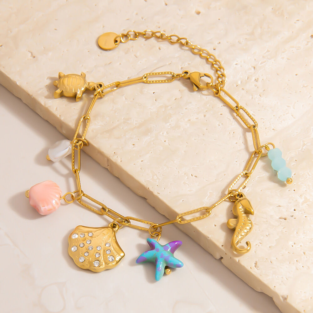 Braccialetti con ciondolo da donna in acciaio inossidabile con tartaruga naturale della serie Romantic Immagine3