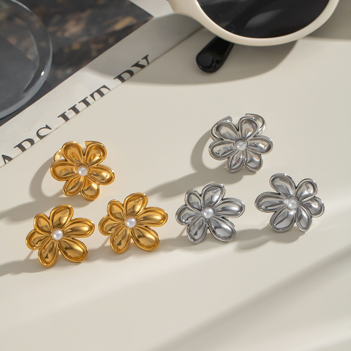 Sweet Flower Stainless Steel Waterproof Gold Color Earring Sets 2