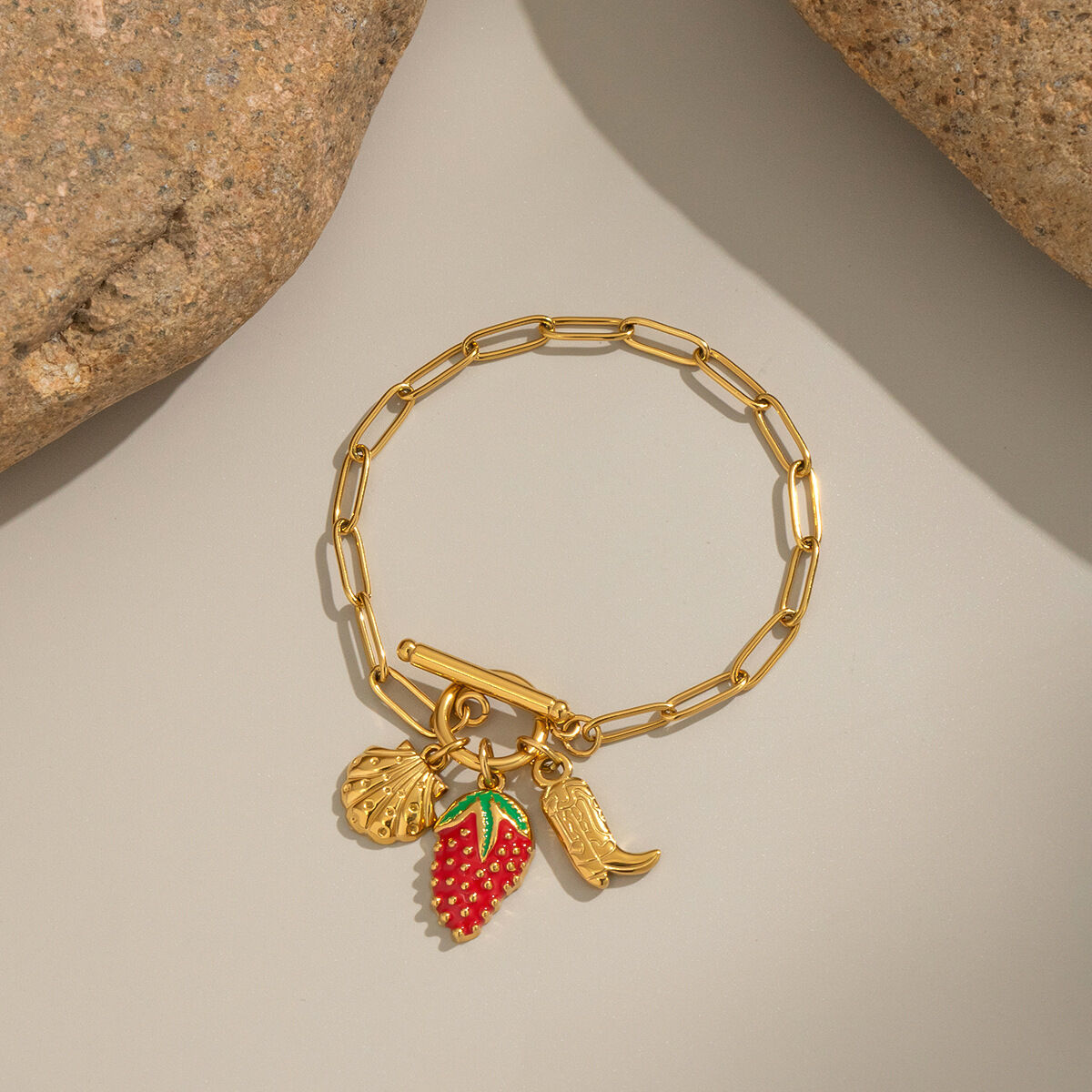 1 Piece Strawberry Stainless Steel Waterproof Gold Color Charm Bracelet
