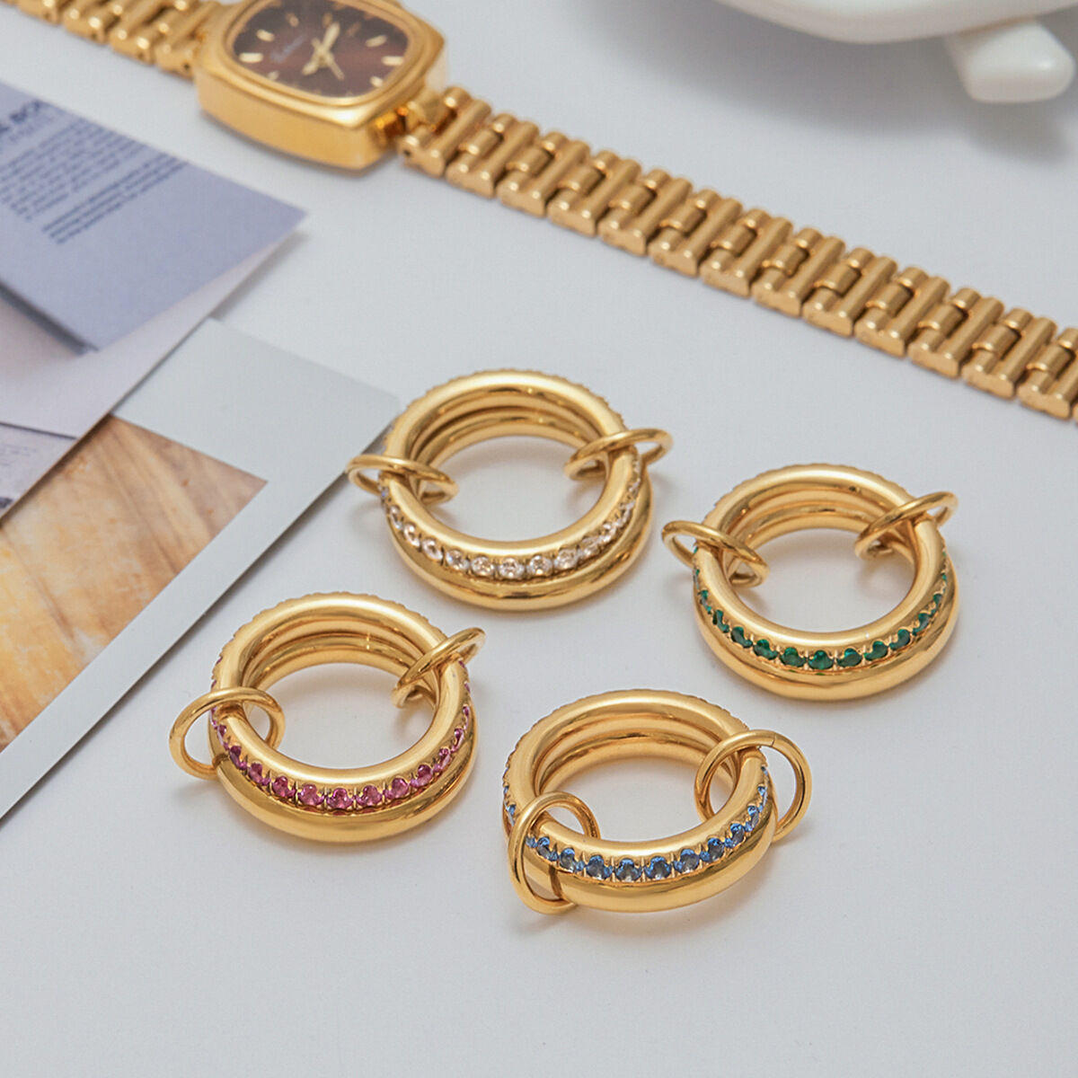 1 Piece Luxurious Series Classic Annular Stainless Steel Waterproof Gold Color Women's Gemstone Rings Picture6