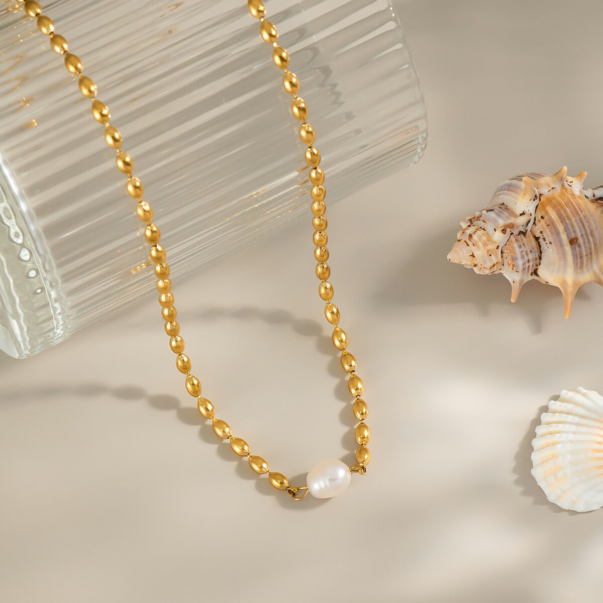 1 Piece Stainless Steel Waterproof Gold Color Beaded Necklace