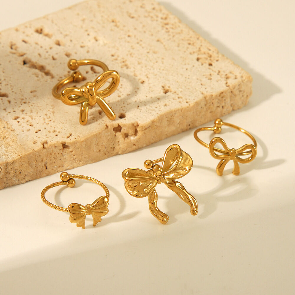 1 Piece Sweet Bow Knot Stainless Steel Waterproof  Gold Color  Adjustable Ring 2