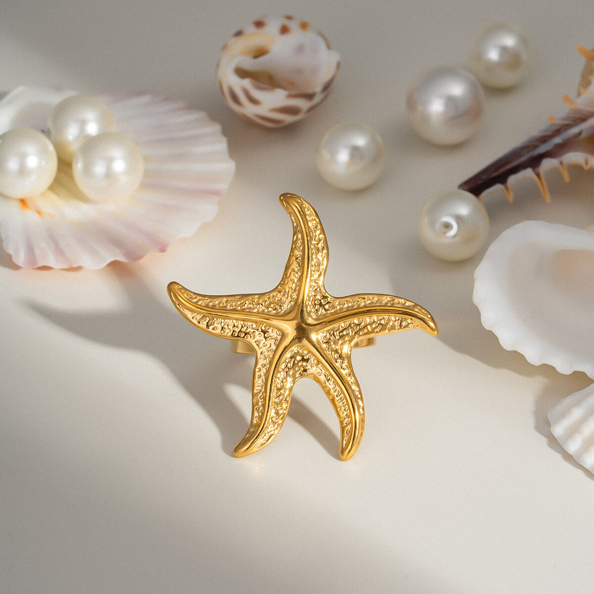 1 Piece Starfish Stainless Steel Waterproof Gold Color Statement Ring 2