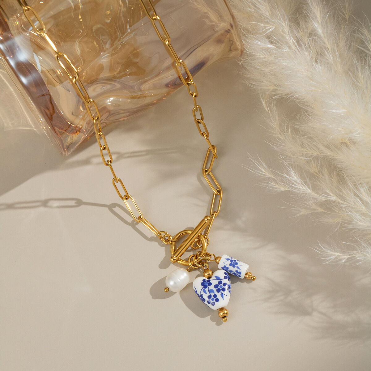 1 Adet Seramik Çiçek Paslanmaz Çelik Su Geçirmez Altın Renkli Kolye Ucu