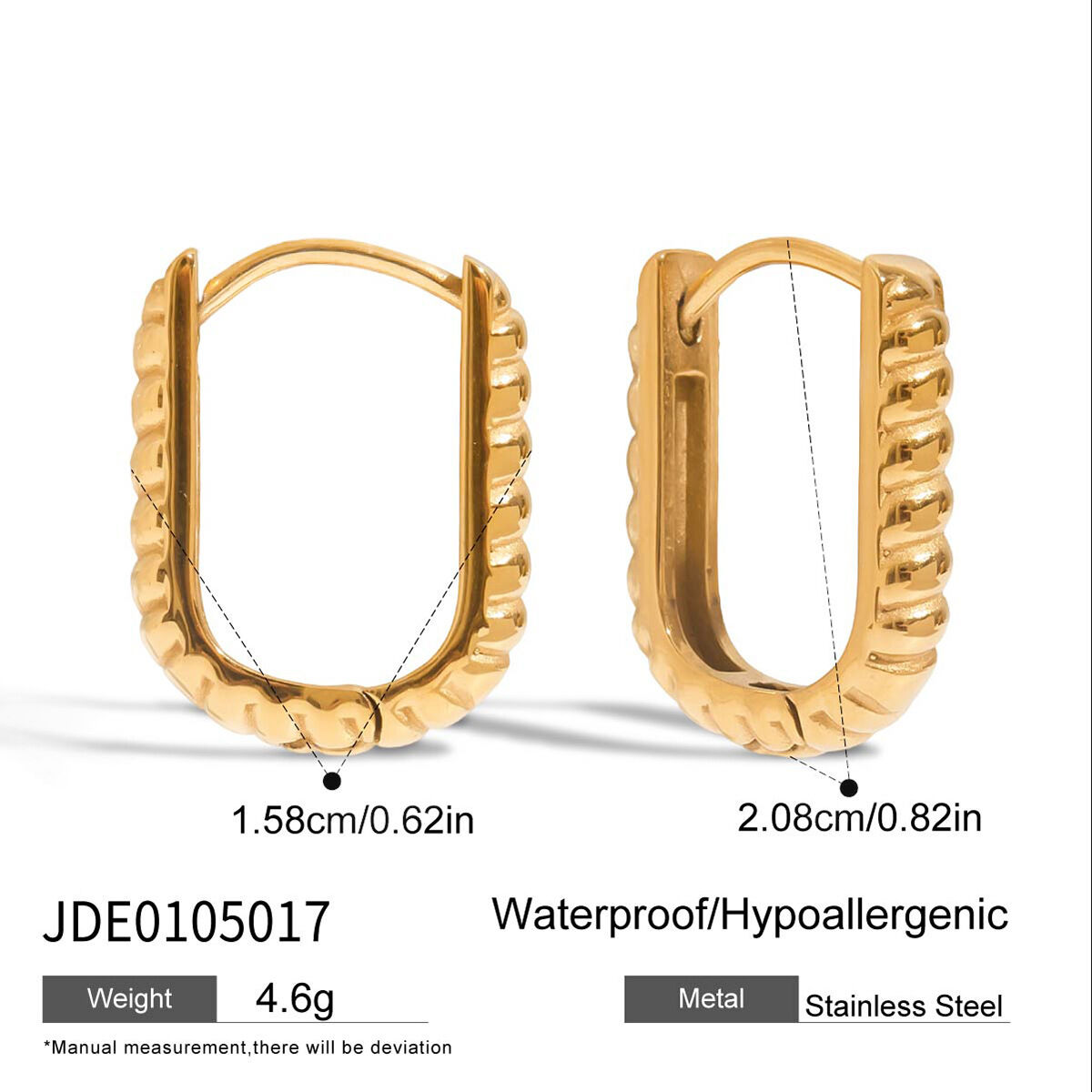 1 paio di orecchini a cerchio rettangolari in acciaio inossidabile color oro impermeabili da donna h5 Immagine2