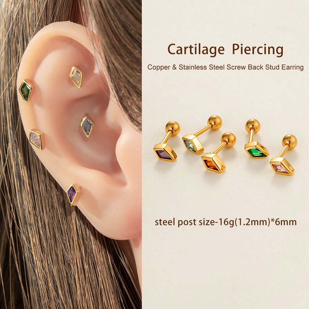 1 Piece Daily Rhombus Copper Gold Color Zircon Women's Piercings Earrings h5 Picture5