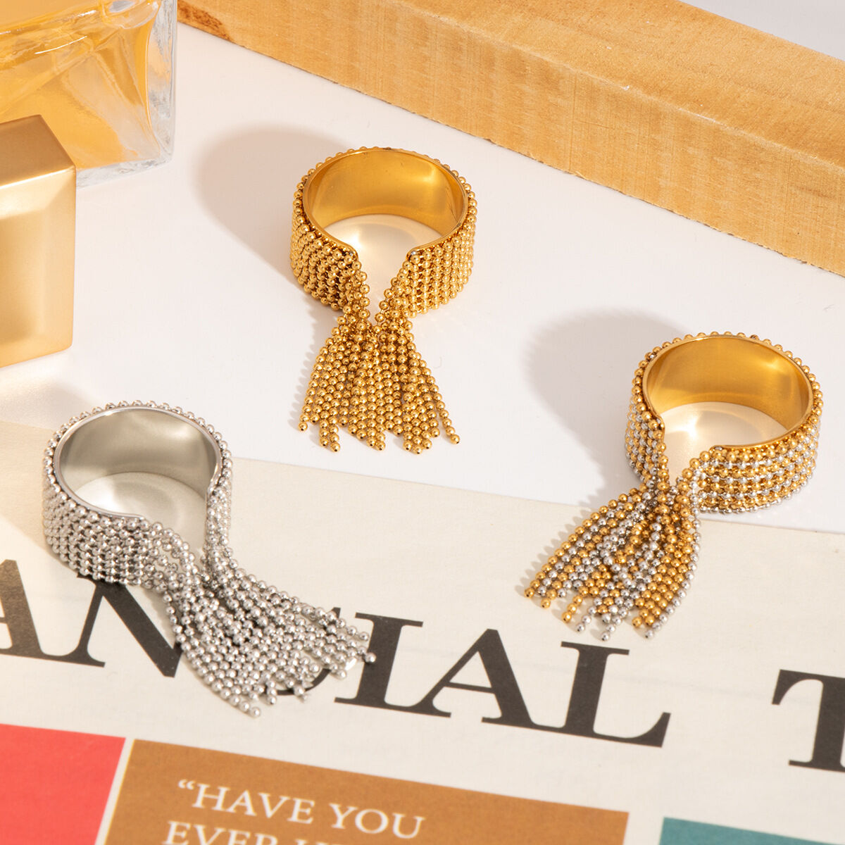 1-teiliger Statement-Ring aus wasserdichtem Edelstahl mit Quaste in Goldfarbe h5 Bild4