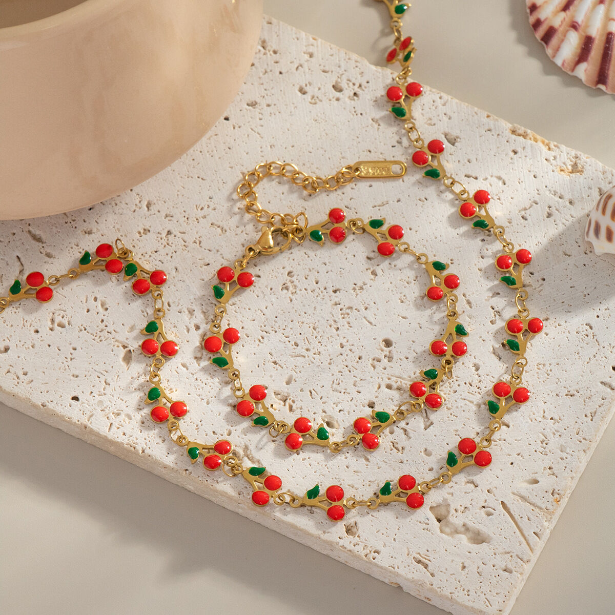 1 Piece Sweet Cherry Stainless Steel Waterproof Gold Color Chain Necklaces 2