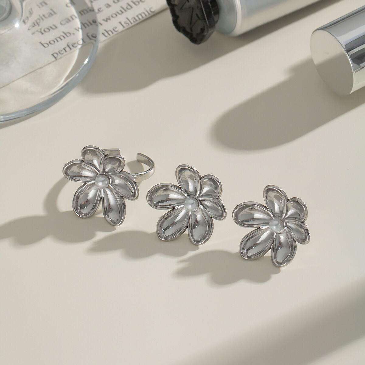 Sweet Flower Stainless Steel Waterproof Gold Color Earring Sets Picture4