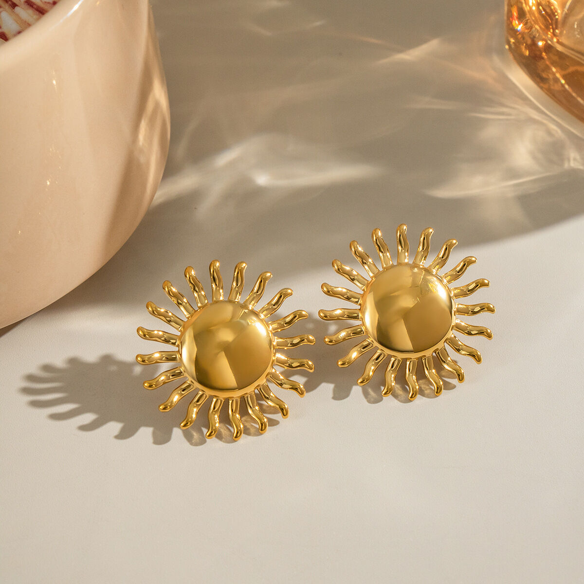 1 Pair Sun Stainless Steel Waterproof Gold Color Stud Earrings h5 Picture3