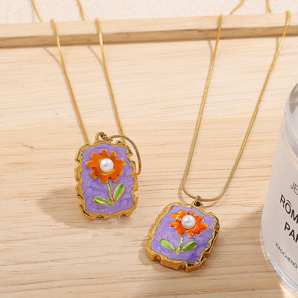 1 Piece Enamel Flower Stainless Steel Waterproof Gold Color Pendant Necklace 2