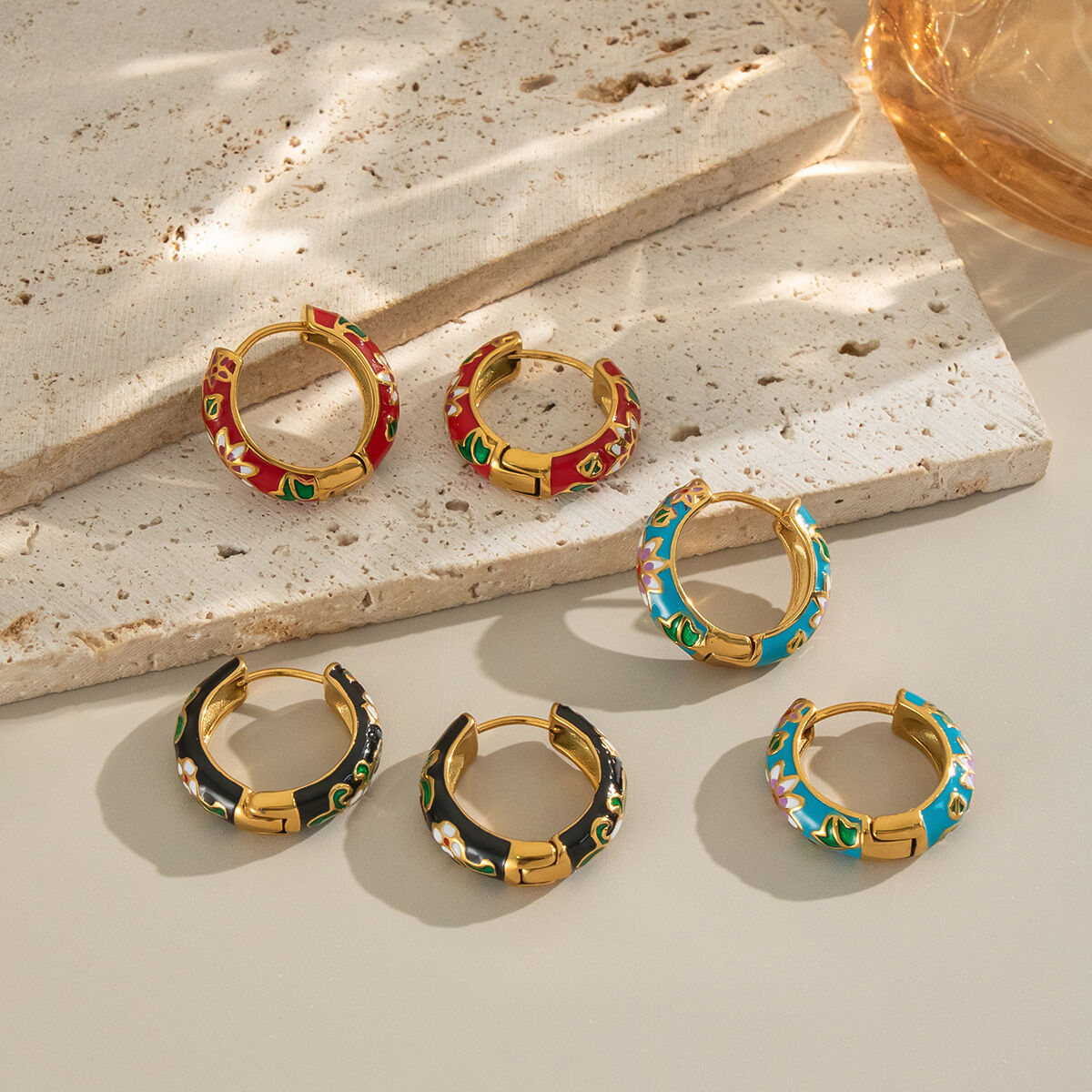 1 Pair Romantic Flower Stainless Steel Waterproof Gold Color Hoop Earrings 2
