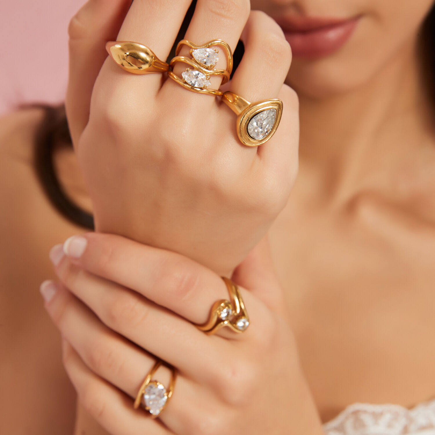 Anillos de piedras preciosas para mujer, de acero inoxidable, geométricos, sexys, de lujo, resistentes al agua, de color dorado, de 1 pieza
