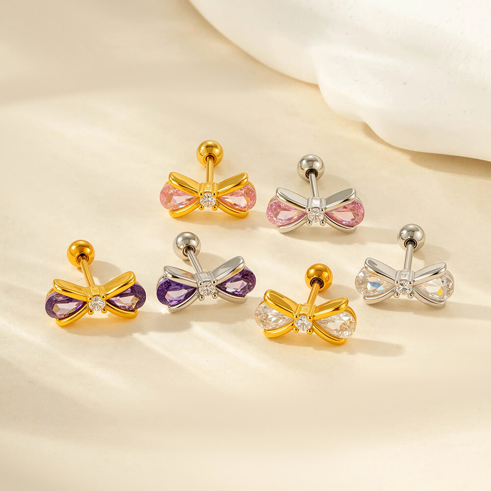 Boucles d'oreilles à tige en acier titane et zircon pour femme, 1 pièce, nœud brillant