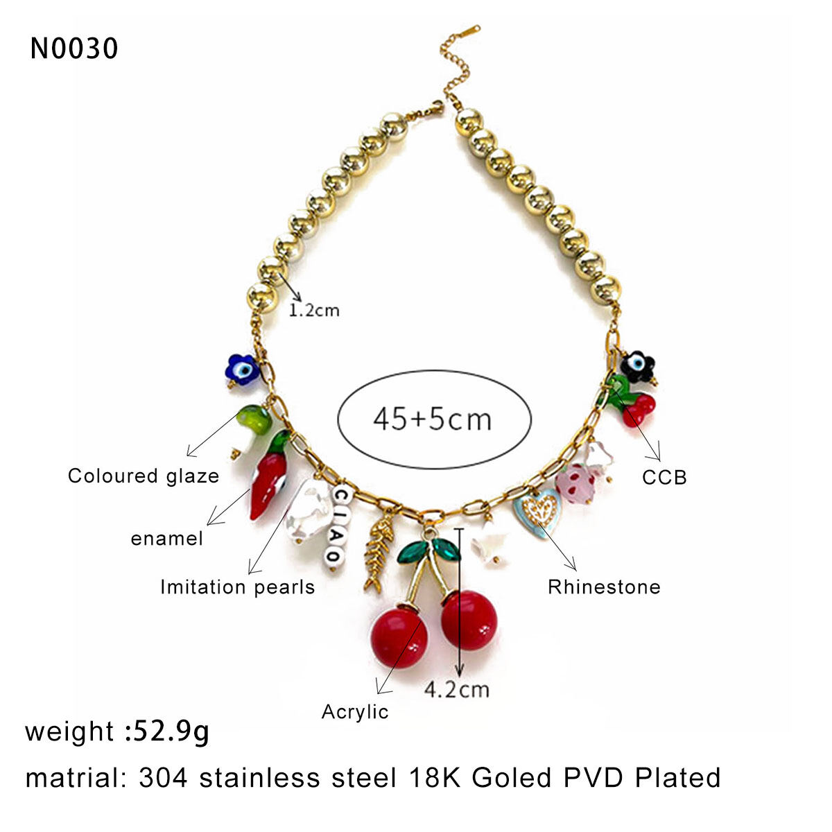 1 Piece Cherry Stainless Steel Waterproof Gold Color Pendant Necklace Picture2