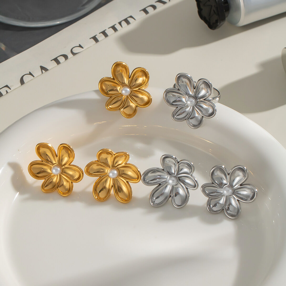 Sweet Flower Stainless Steel Waterproof Gold Color Earring Sets