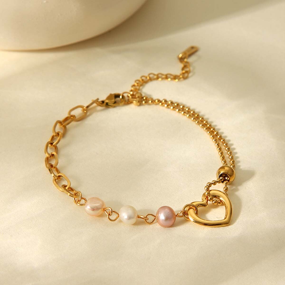 1 Pair Simple Series Sweet Heart Stainless Steel Waterproof   Gold Color  Natural Stone Women's Chain Bracelets