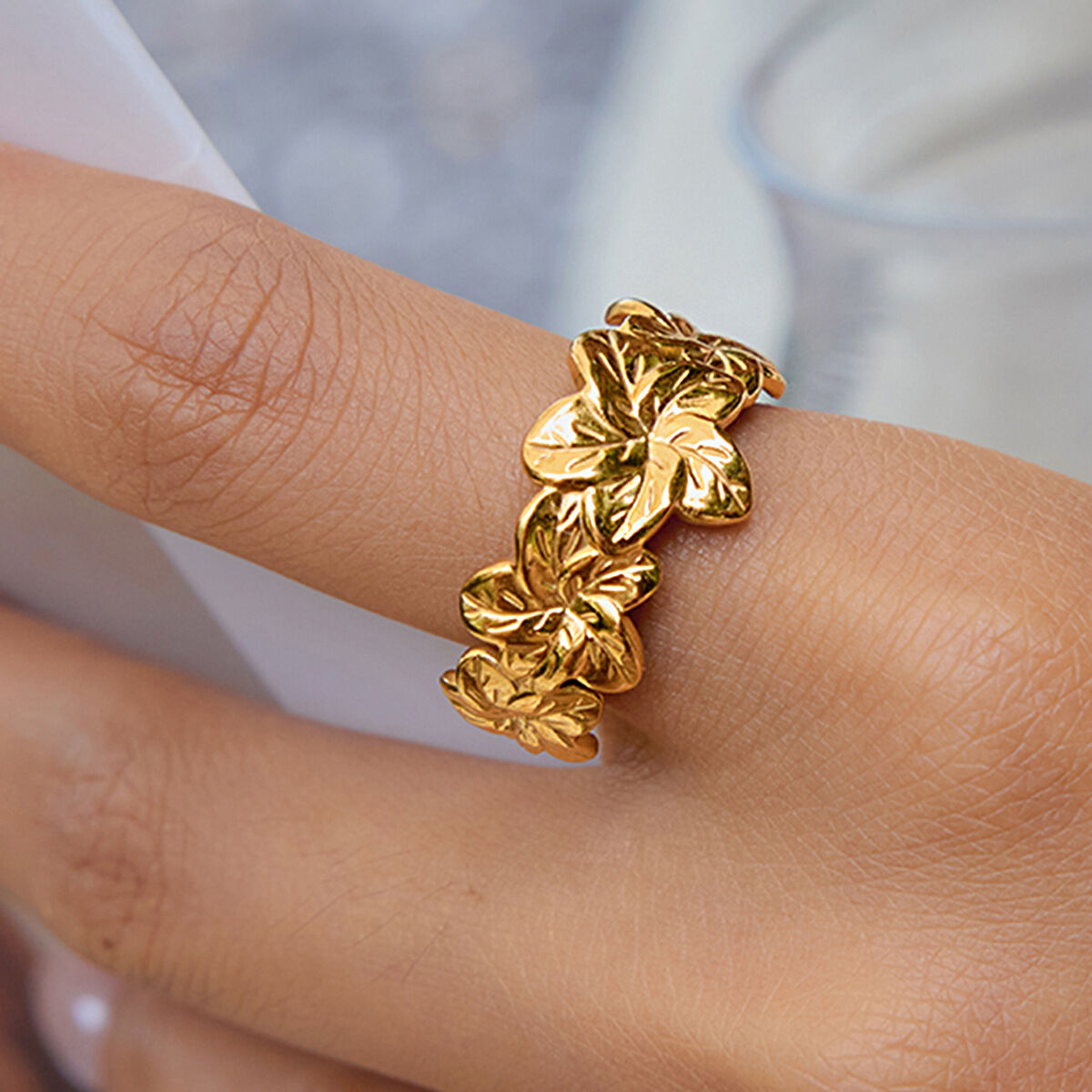 1 Piece Romantic Series Natural Flower Stainless Steel Waterproof Gold Color Statement Rings