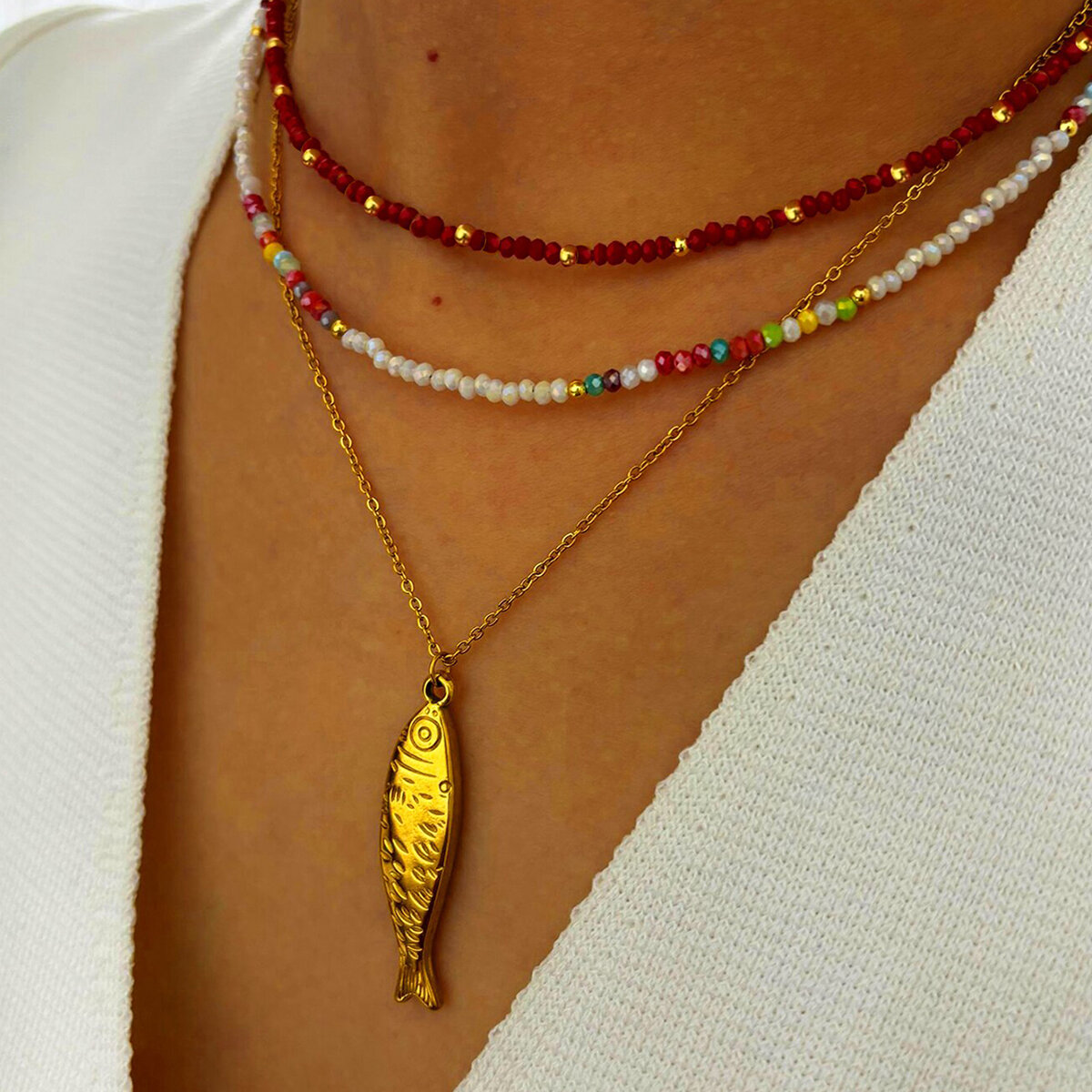 Collana con ciondolo a forma di pesce color oro impermeabile in acciaio inossidabile da 1 pezzo 2