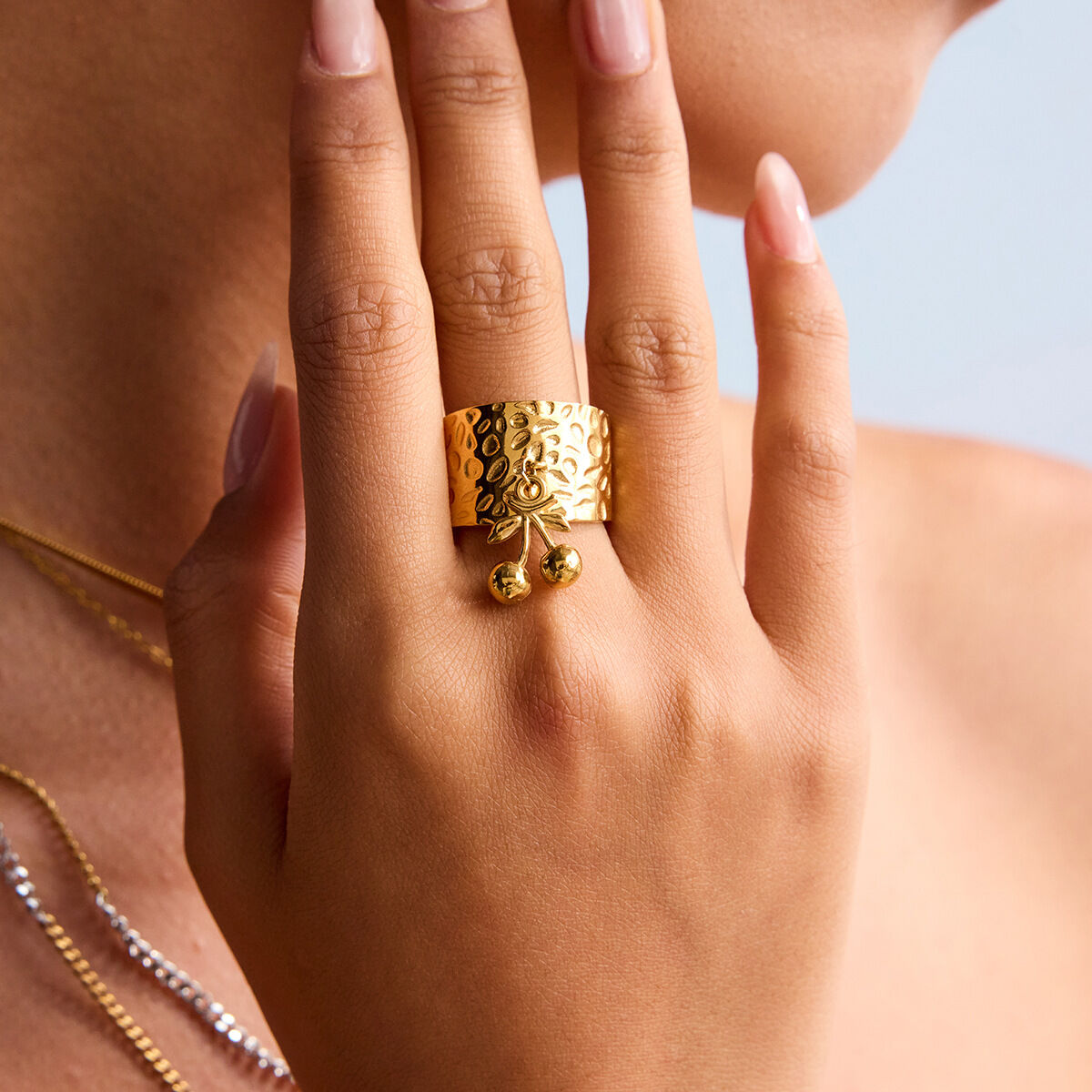 1 Piece Romantic Series Cherry Stainless Steel Waterproof Gold Color Statement Rings Picture6