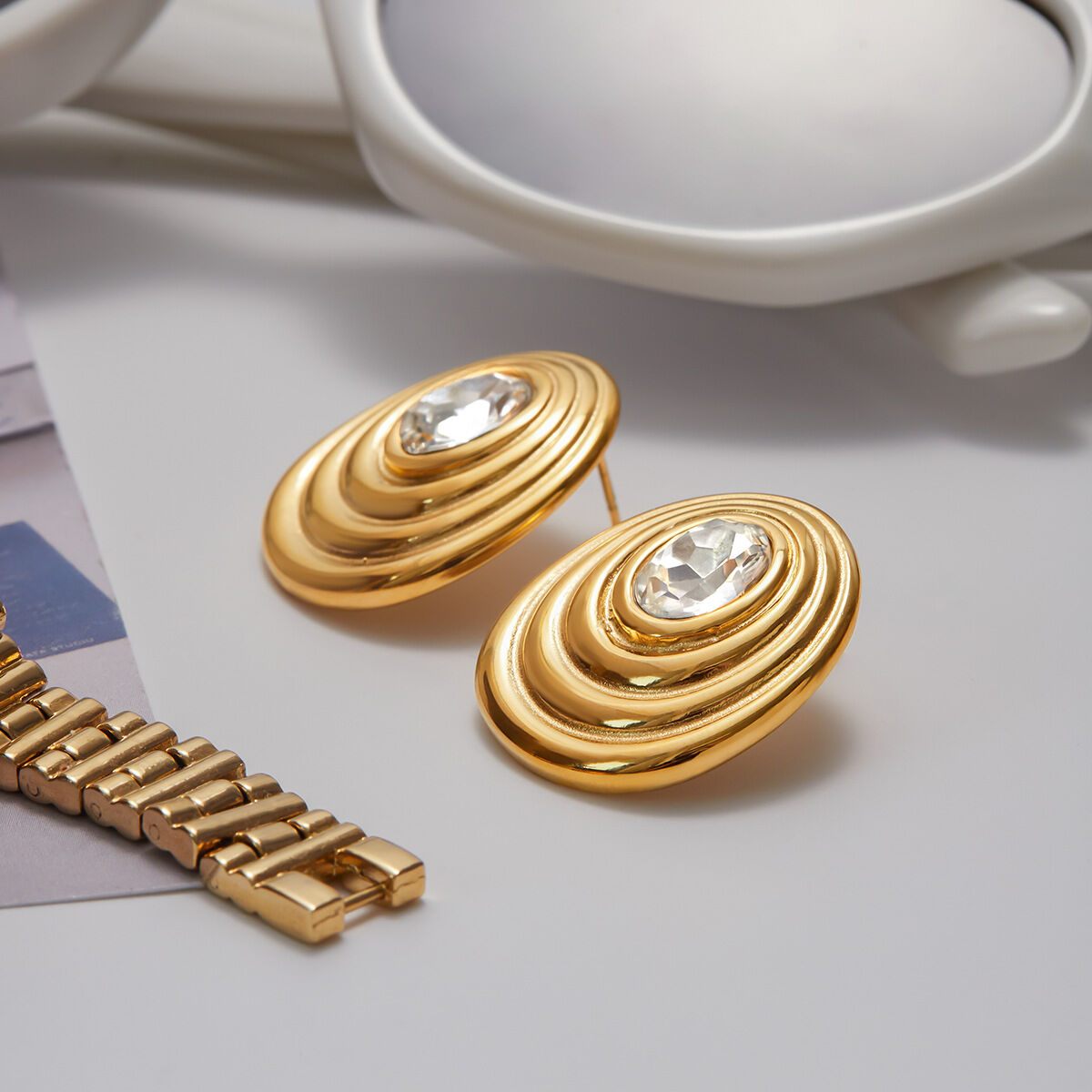 1 paio di orecchini a bottone da donna in acciaio inossidabile color oro, a spirale retrò, serie classica Immagine5