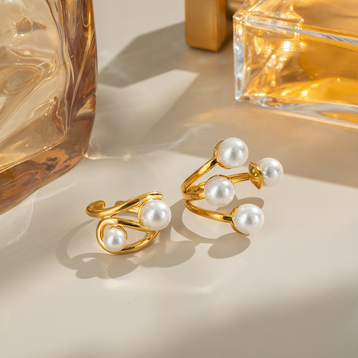 1 Piece Stainless Steel Waterproof Gold Color Pearl Statement Ring 2