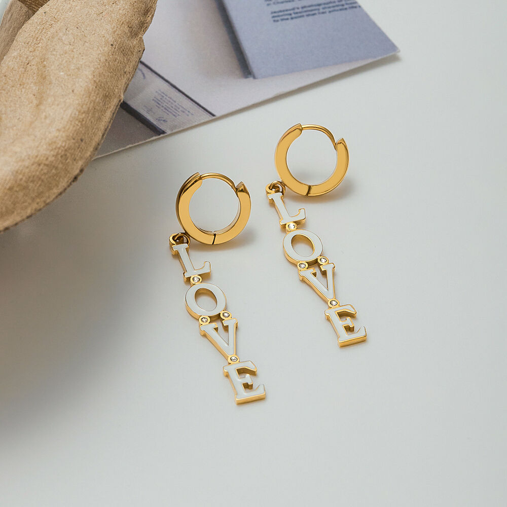 1 paio di orecchini pendenti da donna in acciaio inossidabile color oro con lettera "Love Sweet" della serie romantica h5Immagine7