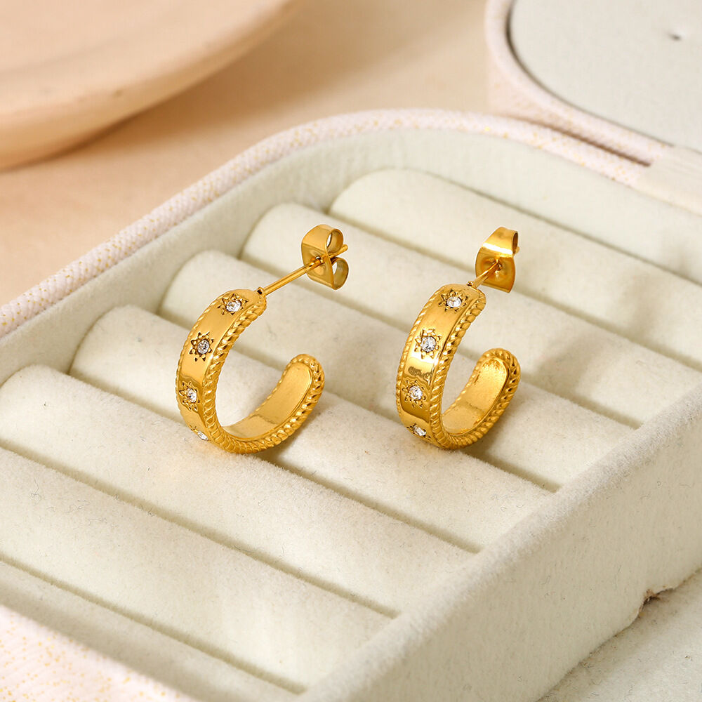 1 Pair Classic Series Retro Star Stainless Steel Waterproof  Zircon Women's Hoop Earrings 2