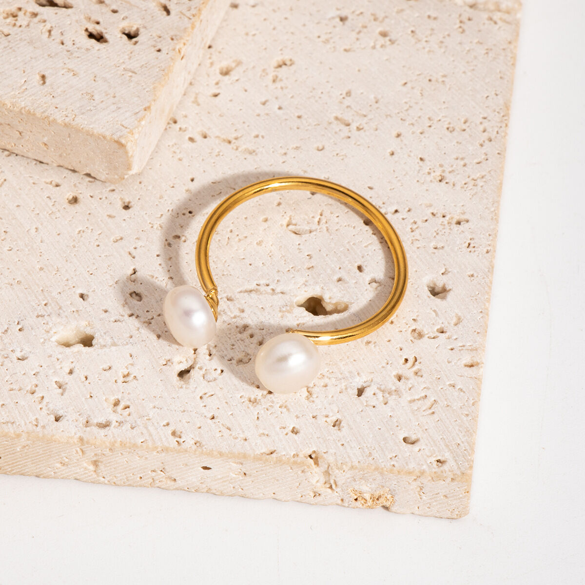 1 Piece Simple Stainless Steel Waterproof  Gold Color  Pearl Adjustable Ring h5 Picture4