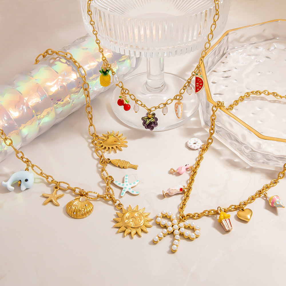 1 Pair Luxurious Series Casual Plant Stainless Steel Waterproof   Gold Color  Women's Pendant Necklaces h5 Picture3