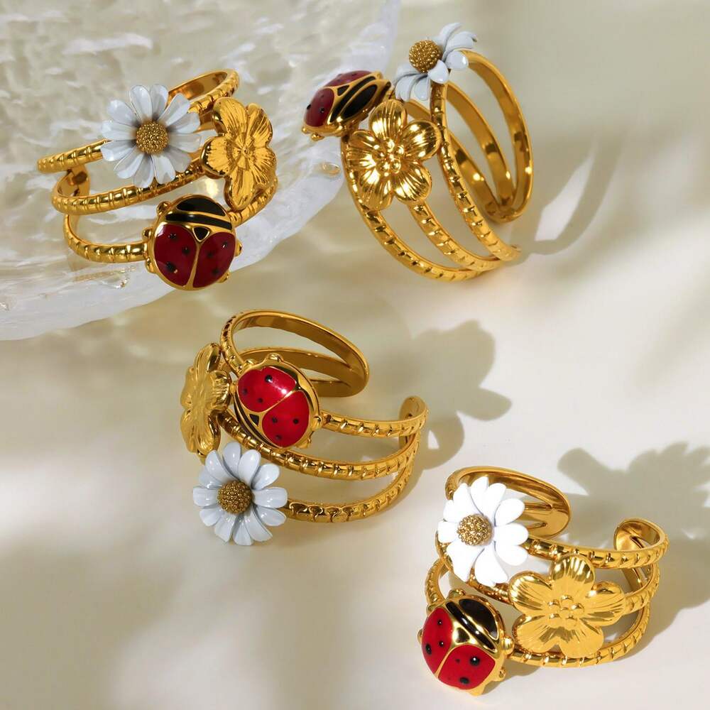 1 Piece Vivid Insect Stainless Steel Waterproof Gold Color Zircon Statement Rings h5Picture5