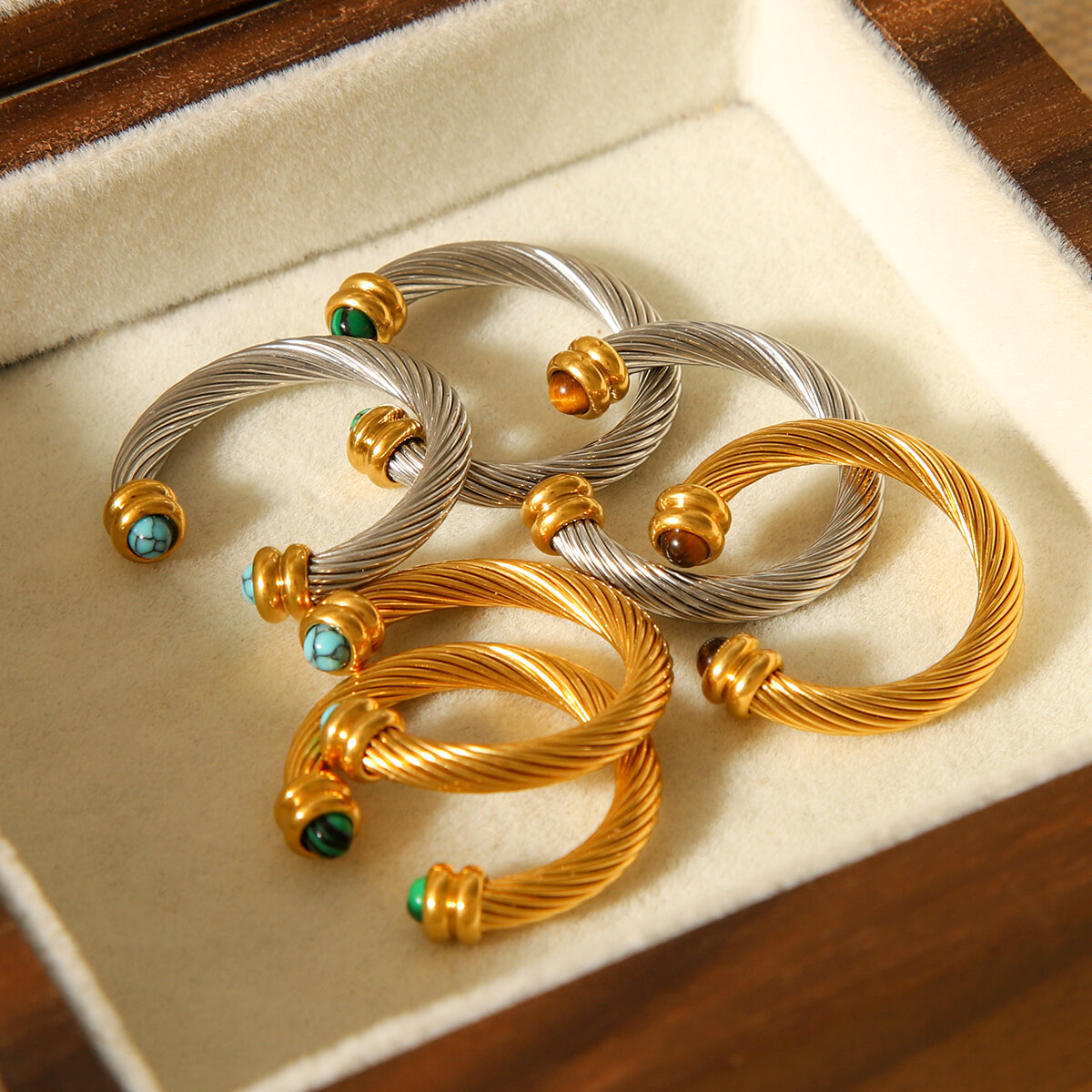 1 Stück ringförmiger, wasserdichter Statement-Ring aus Edelstahl in Goldfarbe mit Naturstein h5 Bild7