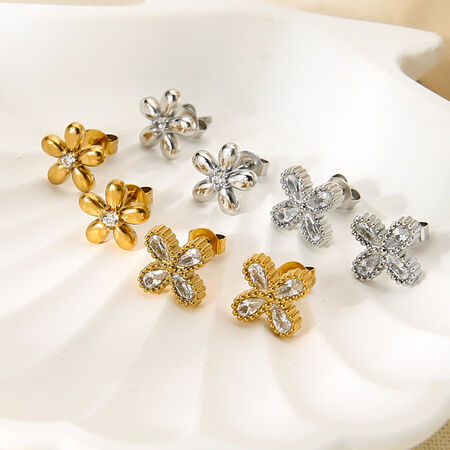 Romantic Series Elegant Flower Stainless Steel Waterproof Gold Color Zircon Women's Stud Earrings