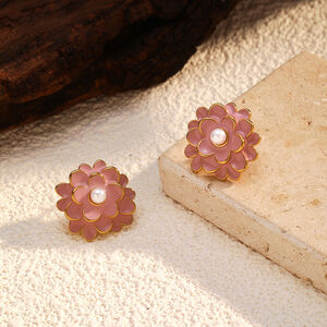 1 par de pendientes de botón de acero inoxidable con diseño de flores retro, resistentes al agua y color dorado. h5 Imagen2