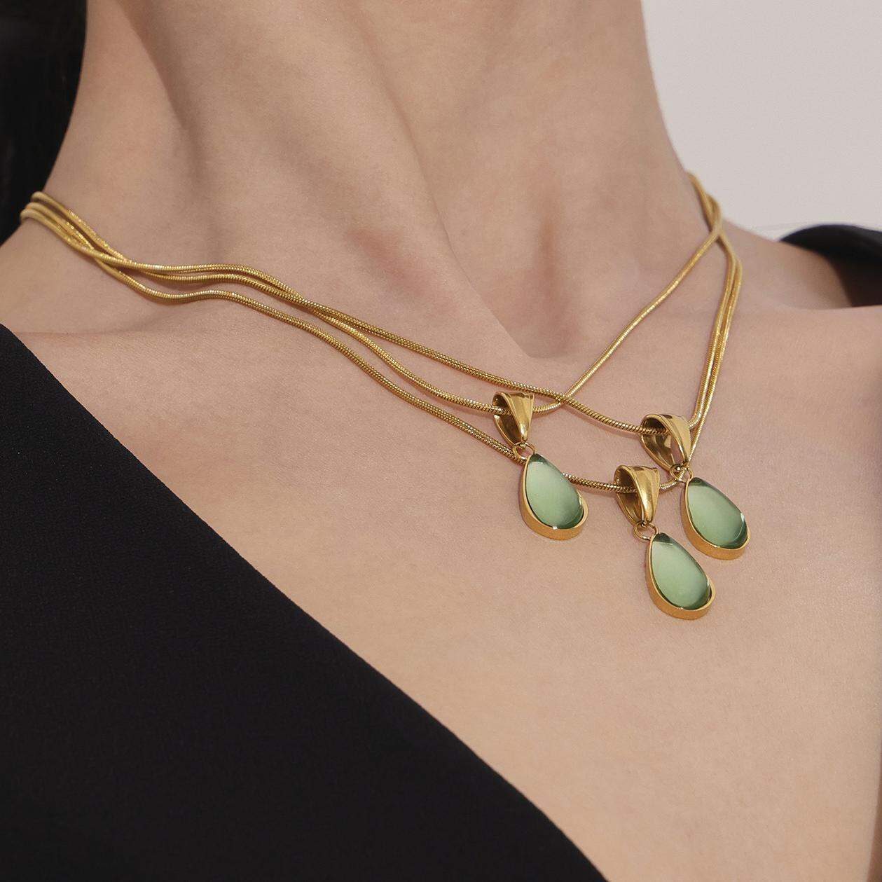 1 Piece Gorgeous Glass Droplet Stainless Steel Waterproof Gold Color Women's Pendant Necklaces