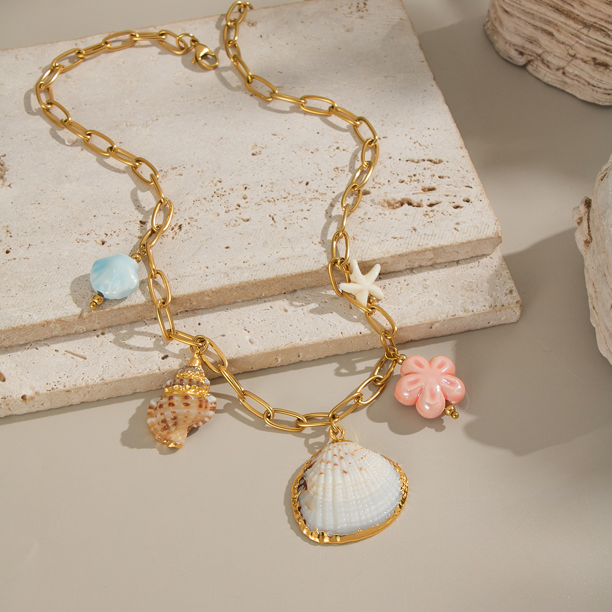 1 Piece Romantic Shell Stainless Steel Waterproof Gold Color Pendant Necklace