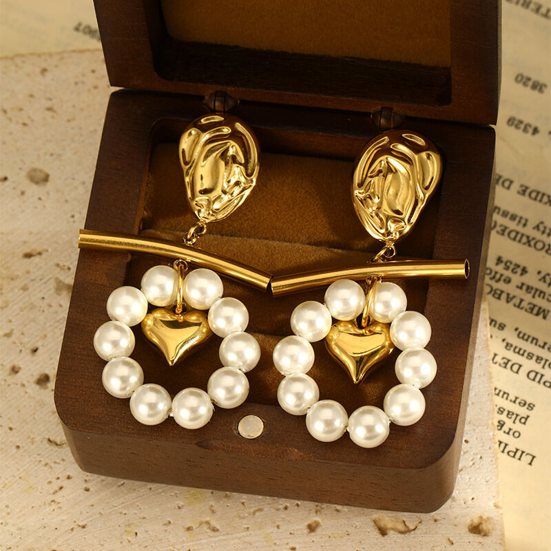 1 Pair Romantic Series Retro Heart Stainless Steel Waterproof  Gold Color  Beads Earrings 2