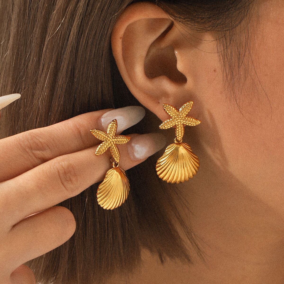 1 Pair Starfish Stainless Steel Waterproof Gold Color Women's Stud Earrings