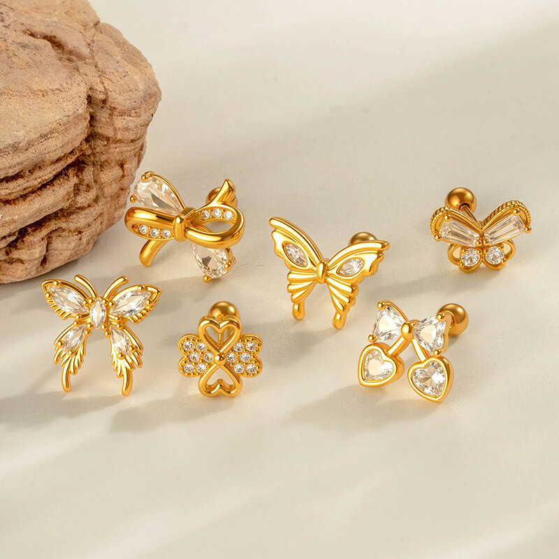 1 orecchino piercing a farfalla in zircone color rame e oro