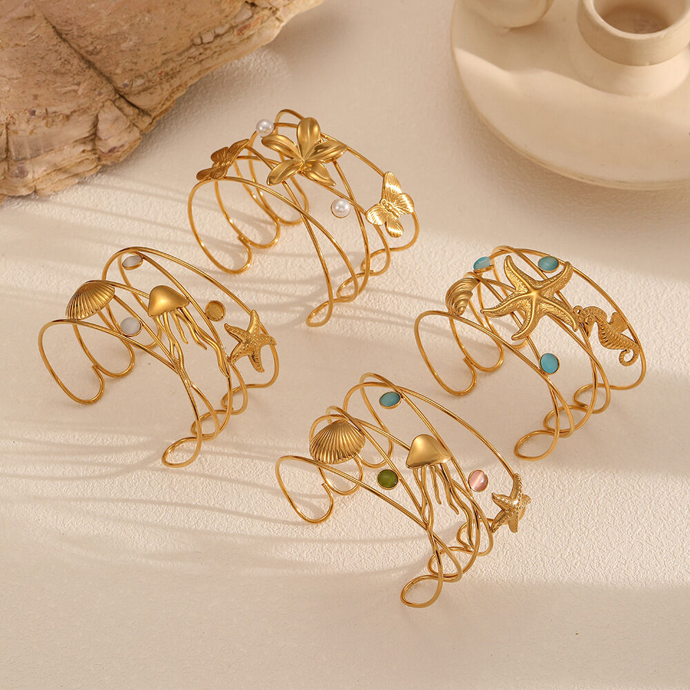 Bracciale rigido impermeabile color oro in acciaio inossidabile stile oceanico, 1 pezzo Immagine2