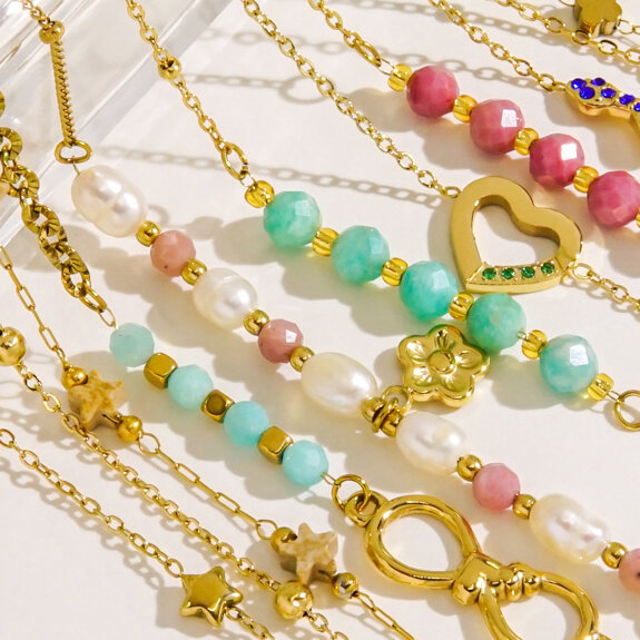 Braccialetti con perline da donna in acciaio inossidabile impermeabile con pietra naturale e cuore dolce, serie semplice, 1 pezzo Immagine2
