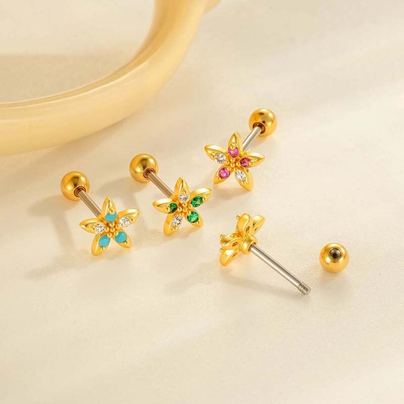 1 orecchino piercing con fiore in zircone color rame e oro 2