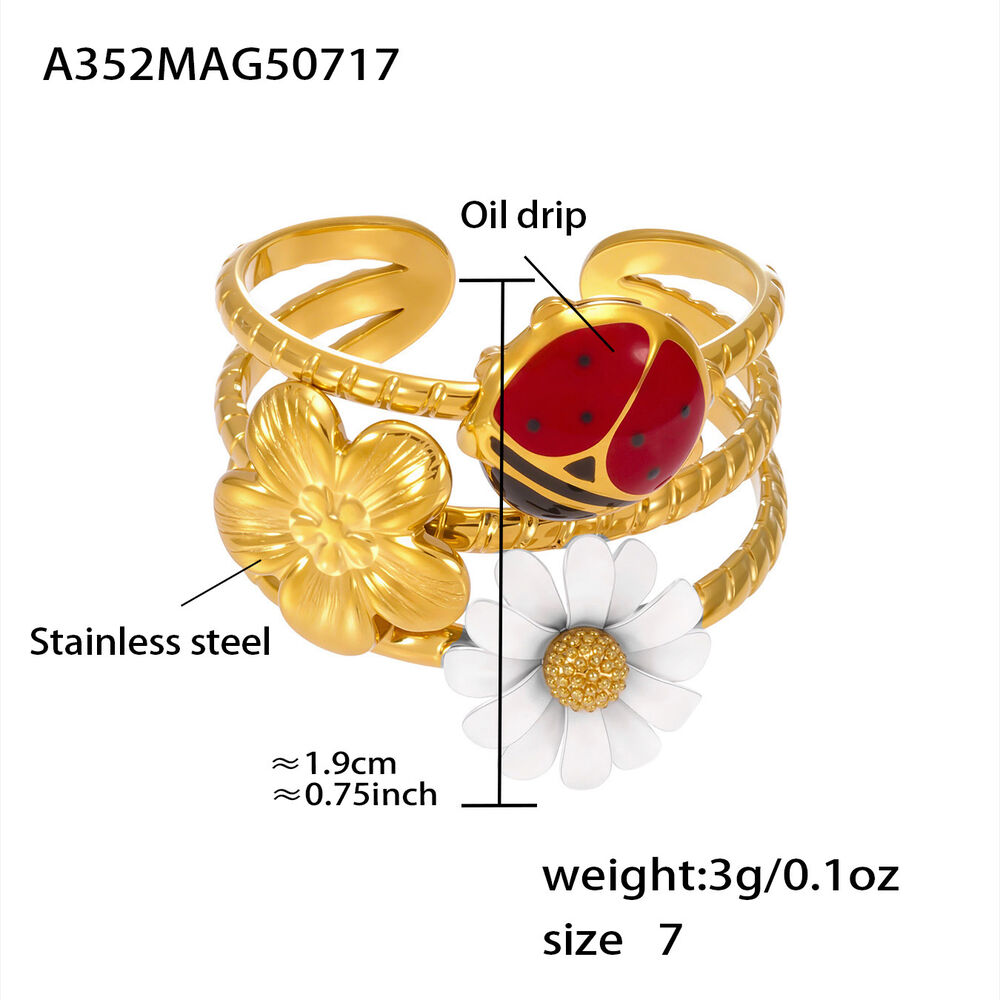 1 Piece Vivid Insect Stainless Steel Waterproof Gold Color Zircon Statement Rings