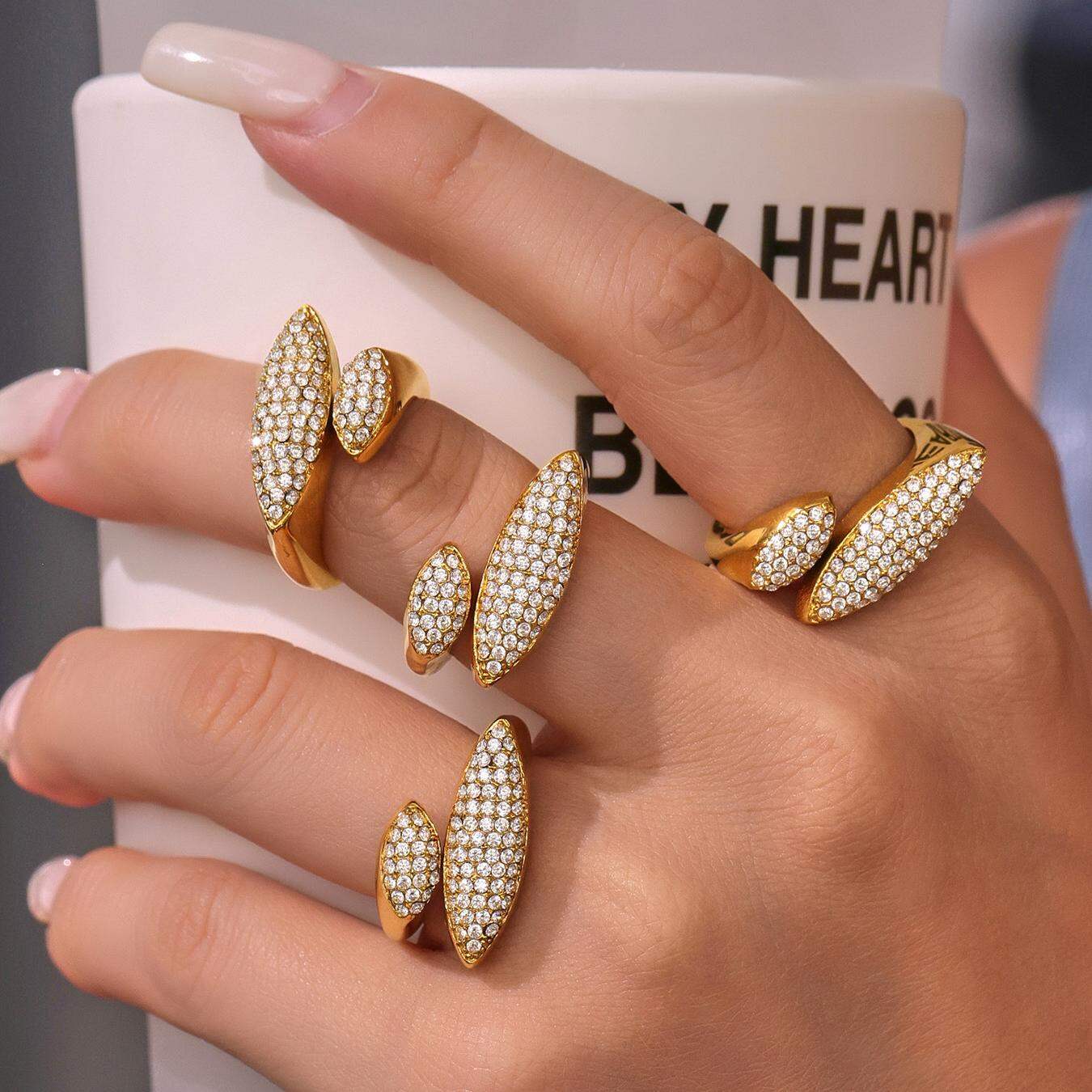 1 Piece Luxurious Shape Stainless Steel Waterproof Gold Color Zircon Women's Gemstone Rings
