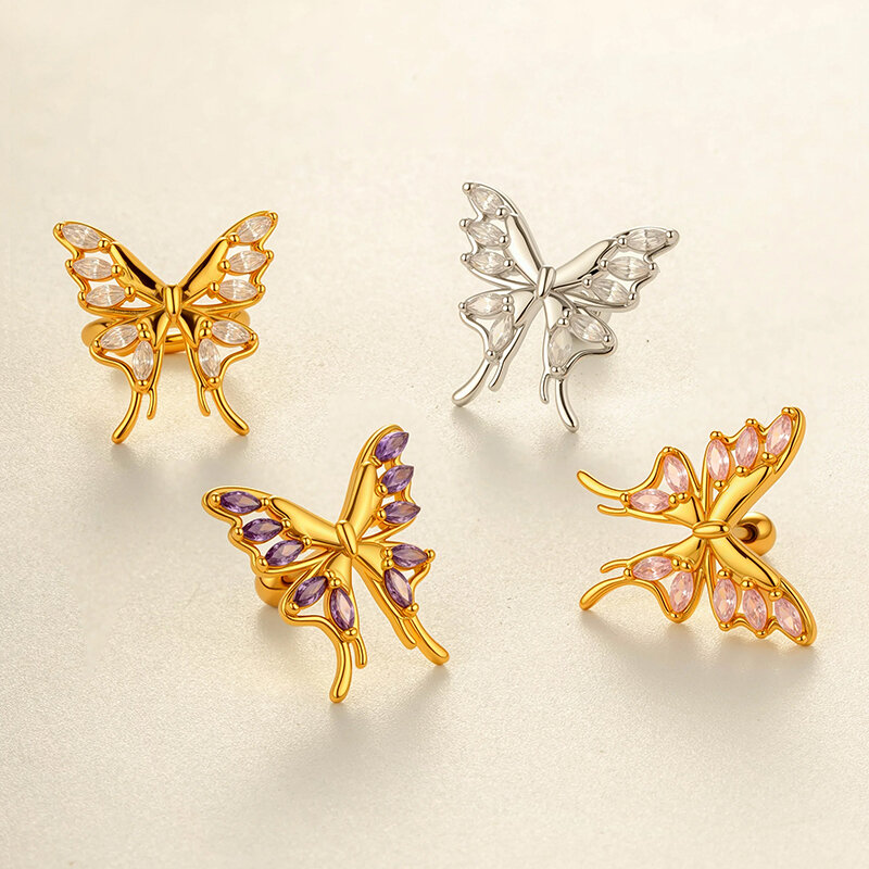 1 Piece Butterfly Copper Gold Color  Zircon Piercing Earring