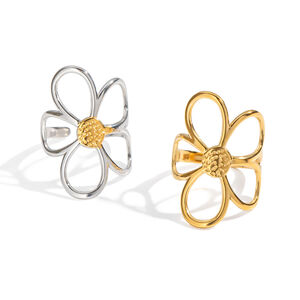 1 Piece Simple Daily Flower Stainless Steel Waterproof Gold Color Statement Rings h5 Picture4
