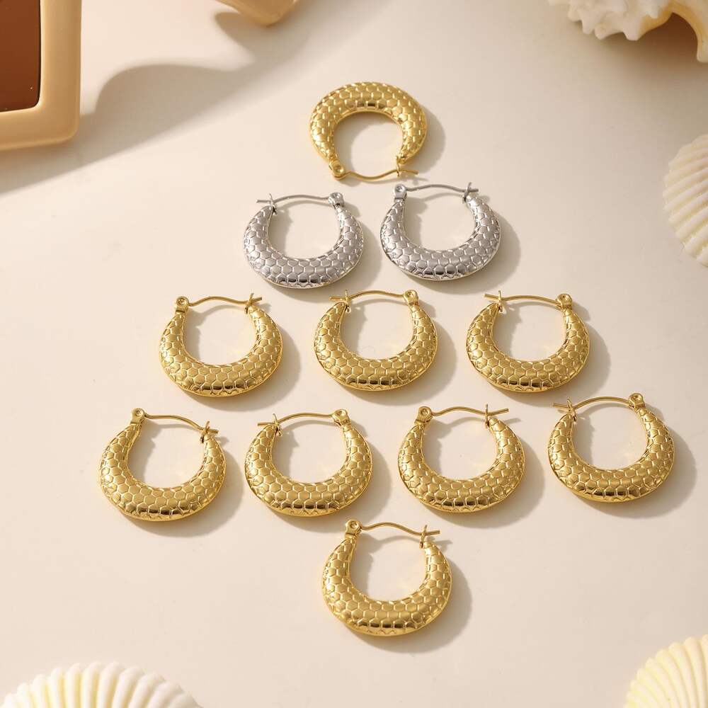1 Pair Simple Honeycomb Print Stainless Steel Waterproof Gold Color Women's Hoop Earrings Picture7