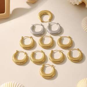 1 Pair Simple Honeycomb Print Stainless Steel Waterproof Gold Color Women's Hoop Earrings h5 Picture7