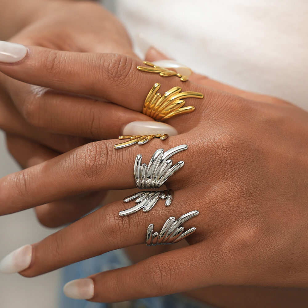 1 Piece Casual Wings Stainless Steel Waterproof Gold Color Statement Rings h5Picture5